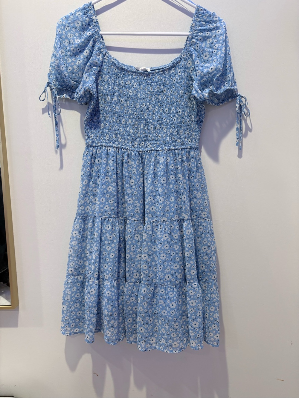 Womens Blue Floral Smocked Dress